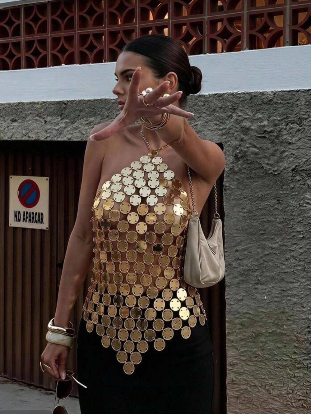 Anewsta Women's Sexy Asymmetric Hem Halter Backless Gold Tank Top For Party Club